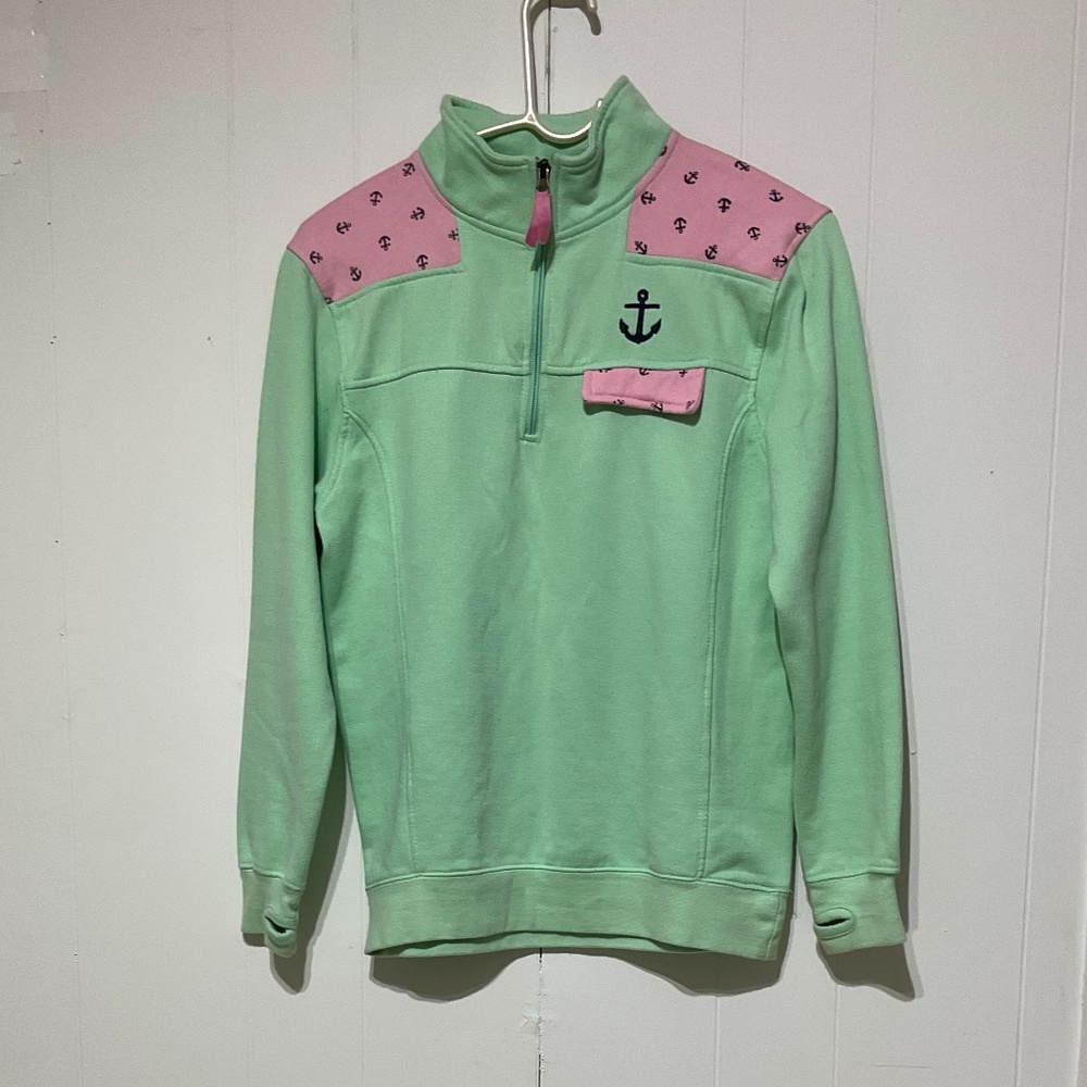 Joyce women sweatshirt 3/4 zip Size L Nautical Coast Anchor Green Pink thumbhole